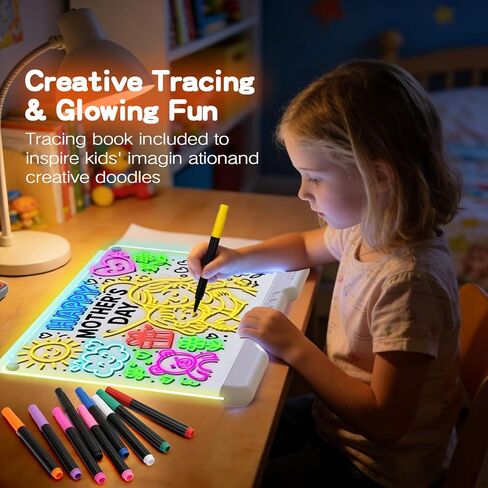 لوحة رسم بإضاءة LED مقاس 16 بوصة للأطفال، تابلت فني متوهج قابل لإعادة الشحن مع 12 لونًا، سطح مسح جاف مع ورق تتبع، تتضمن أقلام تحديد وحامل - لعبة هدية للأطفال/الفتيات/المراهقين in Kuwait