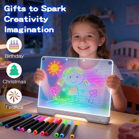 لوحة رسم بإضاءة LED مقاس 16 بوصة للأطفال، تابلت فني متوهج قابل لإعادة الشحن مع 12 لونًا، سطح مسح جاف مع ورق تتبع، تتضمن أقلام تحديد وحامل - لعبة هدية للأطفال/الفتيات/المراهقين in Kuwait