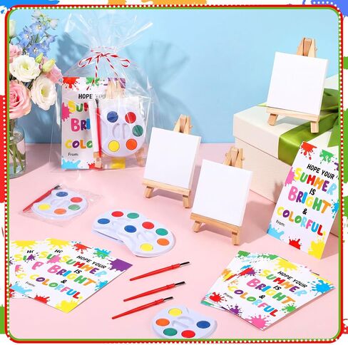 AmazingSpark 24 Set End of Year Gift for Kids Painting Kits with Watercolor Paint Mini Panel Easel Palette Brush Card for Congrats Graduation End of Year Party Favors Exchanges Gift Classroom Prizes in Kuwait