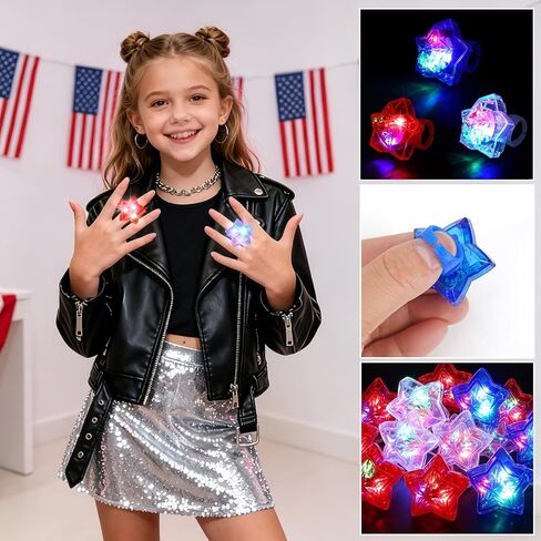 NORWANG 12 Pack Patriotic Light Up Rings, 4th of July Party Favors Red White Blue Glowing Star Accessories Finger Lights for Adults Memorial Day Independence Day Decoration Gifts Toy in Kuwait