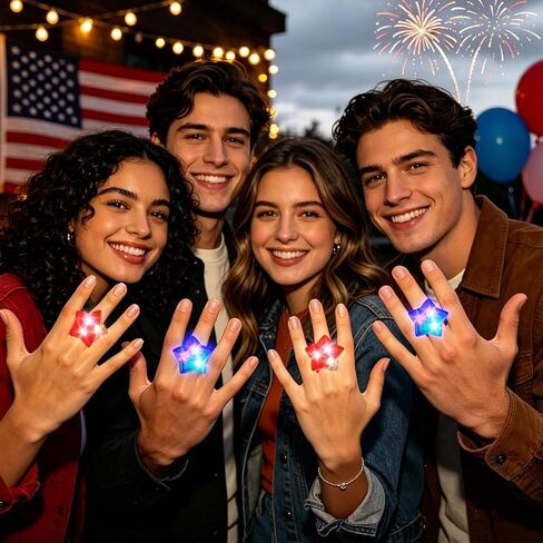 NORWANG 12 Pack Patriotic Light Up Rings, 4th of July Party Favors Red White Blue Glowing Star Accessories Finger Lights for Adults Memorial Day Independence Day Decoration Gifts Toy in Kuwait