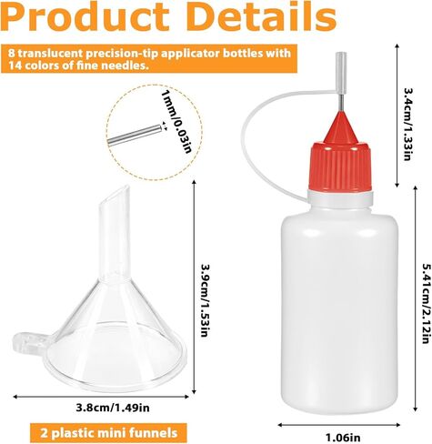 8Pcs Precision Tip Applicator Bottle with 2 Funnel and 14 Multicolor Lids, 30ML/1 OZ Needle Tip Glue Bottles, Glue Dispenser for DIY Quilling Paper Craft Painting in Kuwait