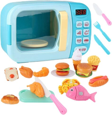 13 Pieces Kids Mini Set Microwave Oven Pretend Accessories Cooking Appliance Educational PP Material Suitable for Preschool Boys, Blue, 31Pcs in Kuwait