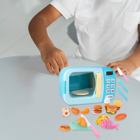 13 Pieces Kids Mini Set Microwave Oven Pretend Accessories Cooking Appliance Educational PP Material Suitable for Preschool Boys, Blue, 31Pcs in Kuwait