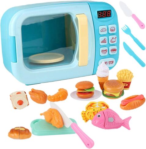13 Pieces Kids Mini Set Microwave Oven Pretend Accessories Cooking Appliance Educational PP Material Suitable for Preschool Boys, Blue, 31Pcs in Kuwait