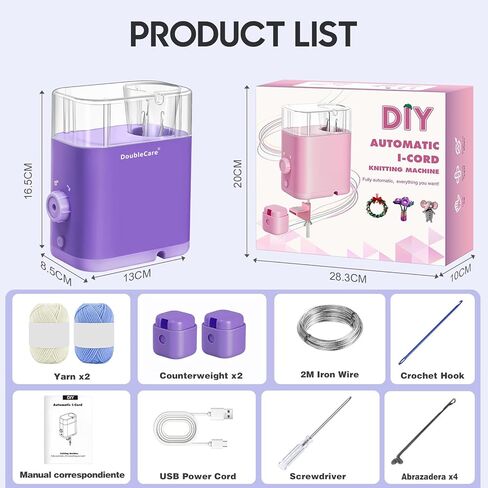 DoubleCare Automatic i Cord Knitting Machine, Electric i-Cord Knitter with 2 Rolls of Yarn and 1 Roll of 2M Iron Wire，Hands-Free Highly Knitting Tools，Fast DIY Craft Projects, Purple in Kuwait