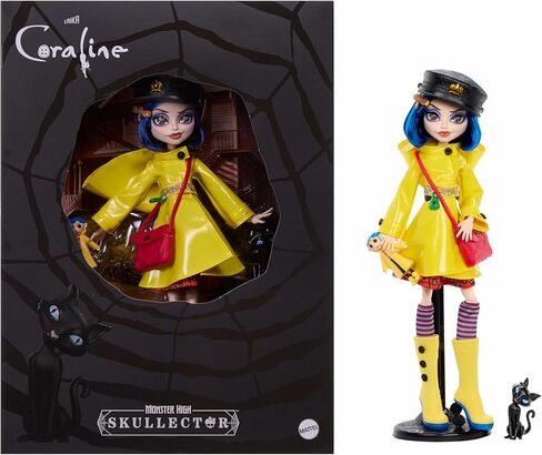 Monster High Skullector Doll, Coraline Collectible in Yellow Raincoat with Dress and Accessories Like Rag Doll, Cat Figure, and Doll Stand in Kuwait