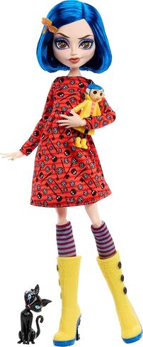 Monster High Skullector Doll, Coraline Collectible in Yellow Raincoat with Dress and Accessories Like Rag Doll, Cat Figure, and Doll Stand in Kuwait