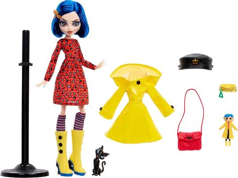 Monster High Skullector Doll, Coraline Collectible in Yellow Raincoat with Dress and Accessories Like Rag Doll, Cat Figure, and Doll Stand in Kuwait