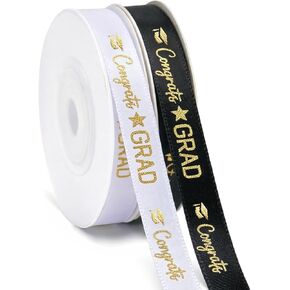 KINGLAKE 2 Rolls Graduation Ribbon - 3/8 Inch x 20 Yards Congrats Grad Ribbon 2026 Congratulations Ribbons for Gift Wrapping Graduation Party Decorations DIY Crafts Black and White with Gold Printing in Kuwait