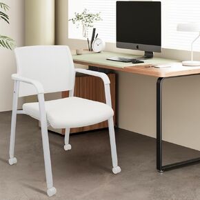 CLATINA Stacking Office Chairs with Wheels | Mesh Back, Thicken Leather Seat and Streamline Armrests, Ergonomic Lumber Support, Desk, Guest Reception, Waiting, Conference, White in Saudi Arabia