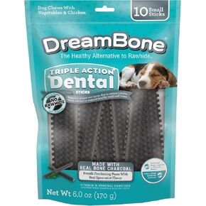 Dreambone Triple Action Dental Sticks Charcoal, 10 Count, Rawhide-Free Chews for Small and Medium Sized Dogs Freshens Breath in Kuwait