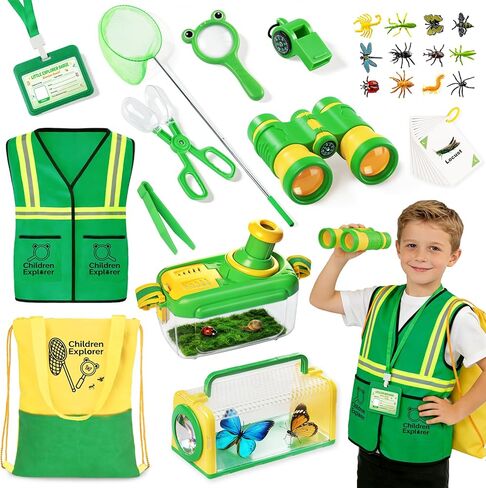 Kids Explorer Kit & Bug Catcher Kit with Vest, Carry Bag, Binoculars,Observation Jar, Butterfly Net, Magnifying Glass, Outdoor Nature Exploration STEM Toys Camping Gift for Boys Girls Ages 3-7 in Kuwait