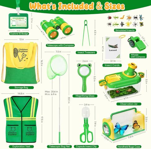 Kids Explorer Kit & Bug Catcher Kit with Vest, Carry Bag, Binoculars,Observation Jar, Butterfly Net, Magnifying Glass, Outdoor Nature Exploration STEM Toys Camping Gift for Boys Girls Ages 3-7 in Kuwait