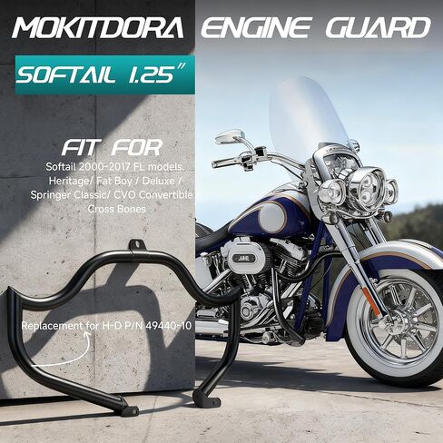MoKitDora Softail Meathook Engine Guard Highway Crash Bar 1.25" Fat for Harley 2000-2017 FL Heritage Classic Deluxe Fat Boy Models, Black in Saudi Arabia