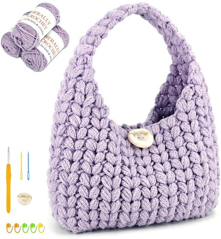 Herally Crochet Kit DIY for Beginners - Include Yarn, Hook and Accessory - with Step by Step Video Tutorials - Wheateat Hobo Bag (Beige) in Kuwait