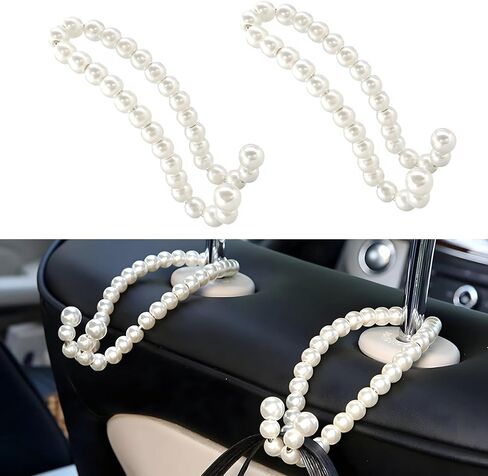2 PCS Elegant Pearl Car Seat Headrest Hook, Cute Pearl Car Seat Back Hook Storage Organizer, Exquisite Headrest Hanger Purse Holder Interior Decoration for Women Girls in Kuwait
