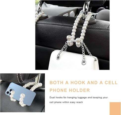 2 PCS Elegant Pearl Car Seat Headrest Hook, Cute Pearl Car Seat Back Hook Storage Organizer, Exquisite Headrest Hanger Purse Holder Interior Decoration for Women Girls in Kuwait