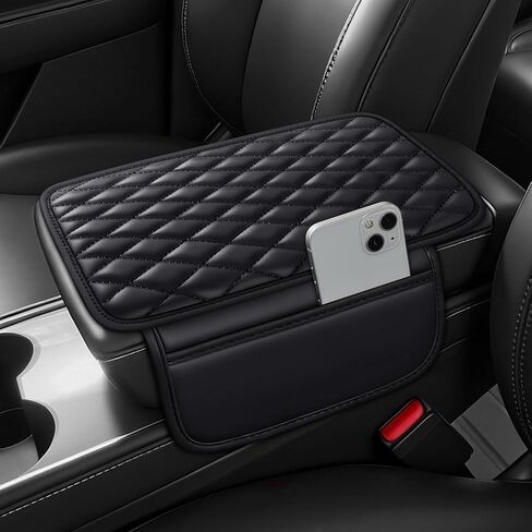 Waterproof Leather Car Center Console Pad with 2 Storage Bags, Auto Armrest Box Cover Protector, Comfortable Interior Accessories for Most Household Cars, Sedans & SUV (Black Red Stitch) in Kuwait