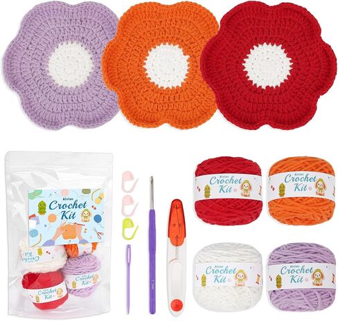 Alvian Coaster Crochet Knitting Kit for Beginners Craft Kit with Step-by-Step Video Tutorials Mini Handmade Gift for Birthday, Anniversary, Valentines (Flower Crochet Coaster kit) in Kuwait