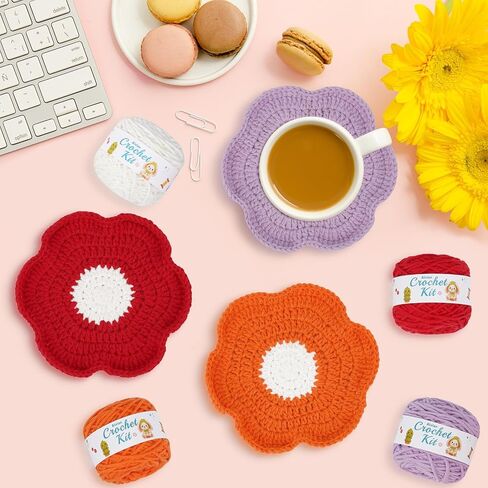 Alvian Coaster Crochet Knitting Kit for Beginners Craft Kit with Step-by-Step Video Tutorials Mini Handmade Gift for Birthday, Anniversary, Valentines (Flower Crochet Coaster kit) in Kuwait