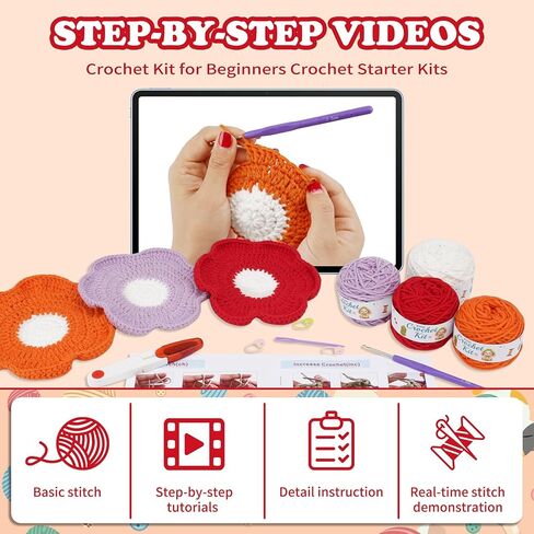Alvian Coaster Crochet Knitting Kit for Beginners Craft Kit with Step-by-Step Video Tutorials Mini Handmade Gift for Birthday, Anniversary, Valentines (Flower Crochet Coaster kit) in Kuwait