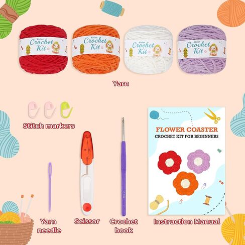 Alvian Coaster Crochet Knitting Kit for Beginners Craft Kit with Step-by-Step Video Tutorials Mini Handmade Gift for Birthday, Anniversary, Valentines (Flower Crochet Coaster kit) in Kuwait