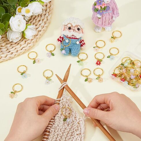 Hobbspring 32Pcs Flower Imitated Pearl Acrylic Locking Stitch Markers 8 Colors Flower Knitting Crochet Stitch Markers with Iron Rings for Knitting Crochet Needlework Accessories in Kuwait