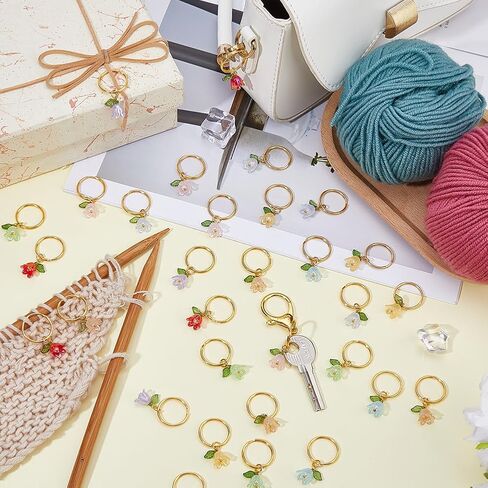 Hobbspring 32Pcs Flower Imitated Pearl Acrylic Locking Stitch Markers 8 Colors Flower Knitting Crochet Stitch Markers with Iron Rings for Knitting Crochet Needlework Accessories in Kuwait