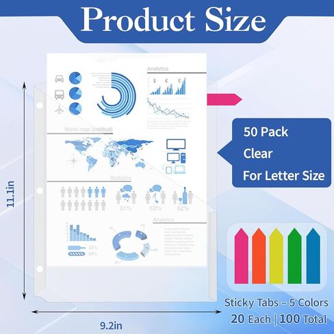 Binditek 50 Pack Transparent Clear Slash File Jacket with 3 Holes, Pocket Folders for 3 Ring Binder, Fits 8.5 x 11 Inch Documents, Ideal for Office, Classroom, and Organizing Papers in Kuwait