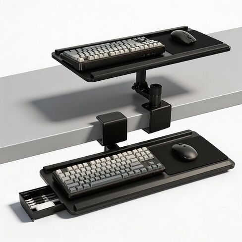 Adjustable Under Desk Keyboard Tray with Drawer, 25"×10.6" Ergonomic 360° Rotating Keyboard Stand with Wrist Rest, Clamp On Keyboard Tray and Mouse for Office Gaming Studying in Kuwait