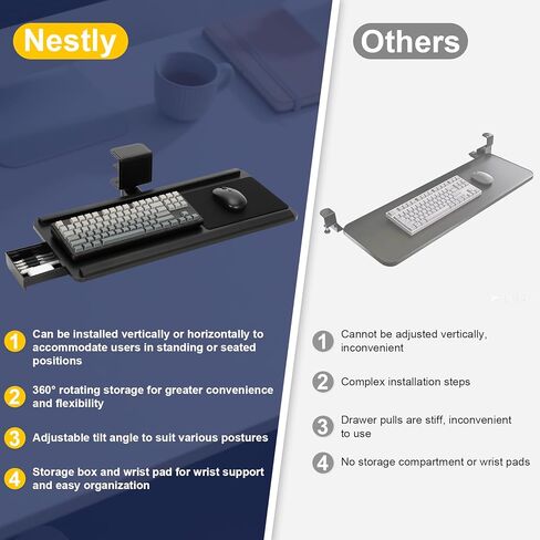 Adjustable Under Desk Keyboard Tray with Drawer, 25"×10.6" Ergonomic 360° Rotating Keyboard Stand with Wrist Rest, Clamp On Keyboard Tray and Mouse for Office Gaming Studying in Kuwait