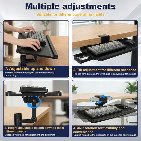 Adjustable Under Desk Keyboard Tray with Drawer, 25"×10.6" Ergonomic 360° Rotating Keyboard Stand with Wrist Rest, Clamp On Keyboard Tray and Mouse for Office Gaming Studying in Kuwait