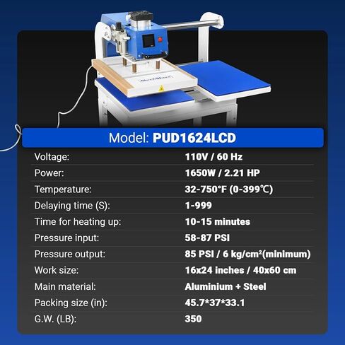 MechMaxx 16 × 24 بوصة مكبس حراري هوائي مزدوج الصفائح - آلة نقل التسامي الرقمية ذات الرفع التلقائي مع شاشة LCD تعمل باللمس بالكامل وأجزاء هوائية AIRTAC (110 فولت 2.2 حصان)، PUD1624LCD in Kuwait
