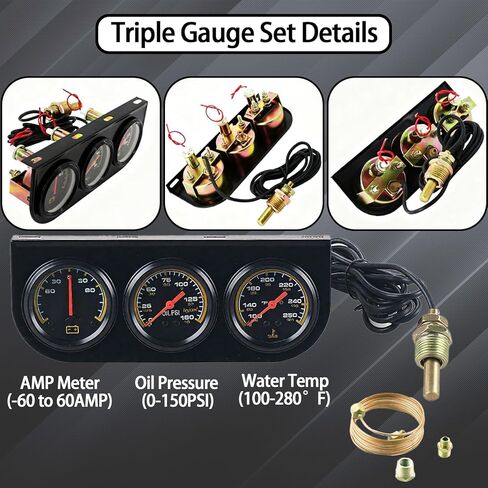 2"/52mm Triple Gauge Set, Ampere Meter (-60-60 AMP) & Oil Pressure Meter (0-150 PSI) & Water Temperature (100-250°F), 3-in-1 Auto Gauges for 12V Cars Vehicle Truck Automotive Ship Boat Marine in Kuwait