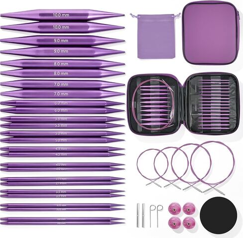 TRILVIX Circular Knitting Needles Set, 13 Pairs Interchangeable Knitting Needles 3mm-10mm with 4 Cables, Accessories & Purple Case, 4 Inch Aluminum Knitting Needles US Size 2~15 in Kuwait