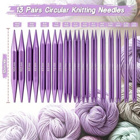 TRILVIX Circular Knitting Needles Set, 13 Pairs Interchangeable Knitting Needles 3mm-10mm with 4 Cables, Accessories & Purple Case, 4 Inch Aluminum Knitting Needles US Size 2~15 in Kuwait