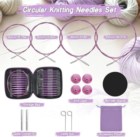 TRILVIX Circular Knitting Needles Set, 13 Pairs Interchangeable Knitting Needles 3mm-10mm with 4 Cables, Accessories & Purple Case, 4 Inch Aluminum Knitting Needles US Size 2~15 in Kuwait