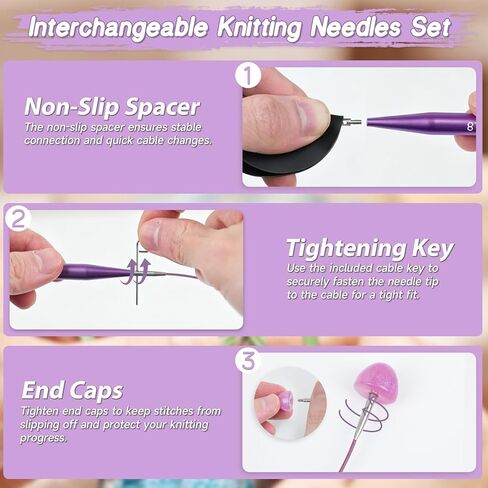 TRILVIX Circular Knitting Needles Set, 13 Pairs Interchangeable Knitting Needles 3mm-10mm with 4 Cables, Accessories & Purple Case, 4 Inch Aluminum Knitting Needles US Size 2~15 in Kuwait