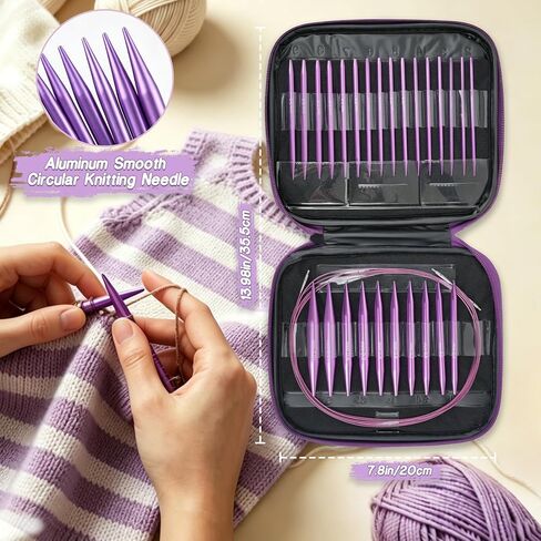 TRILVIX Circular Knitting Needles Set, 13 Pairs Interchangeable Knitting Needles 3mm-10mm with 4 Cables, Accessories & Purple Case, 4 Inch Aluminum Knitting Needles US Size 2~15 in Kuwait