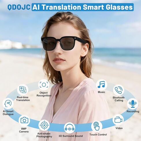 Smart Glasses with Camera, AI Translation Glasses Support 140+ Languages, 1080P Hands-Free Video Recording, IP65 Waterproof Bluetooth Glasses with Voice Assistant for Hiking Vlogging Business in Kuwait