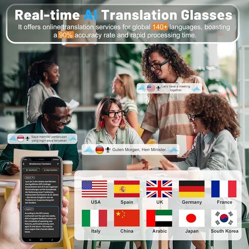 Smart Glasses with Camera, AI Translation Glasses Support 140+ Languages, 1080P Hands-Free Video Recording, IP65 Waterproof Bluetooth Glasses with Voice Assistant for Hiking Vlogging Business in Kuwait