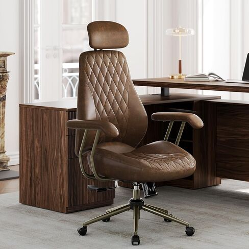 High Back Office Chair with Lumbar Support - Ergonomic Executive Desk Chair, Adjustable Swivel Computer Chair in Premium Faux Leather for Home Office Comfort, Brown in Kuwait
