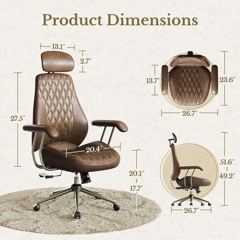 High Back Office Chair with Lumbar Support - Ergonomic Executive Desk Chair, Adjustable Swivel Computer Chair in Premium Faux Leather for Home Office Comfort, Brown in Kuwait