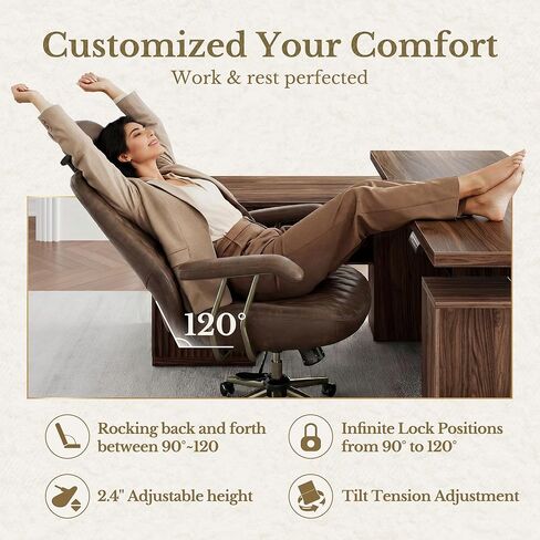 High Back Office Chair with Lumbar Support - Ergonomic Executive Desk Chair, Adjustable Swivel Computer Chair in Premium Faux Leather for Home Office Comfort, Brown in Kuwait