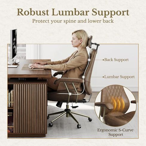 High Back Office Chair with Lumbar Support - Ergonomic Executive Desk Chair, Adjustable Swivel Computer Chair in Premium Faux Leather for Home Office Comfort, Brown in Kuwait