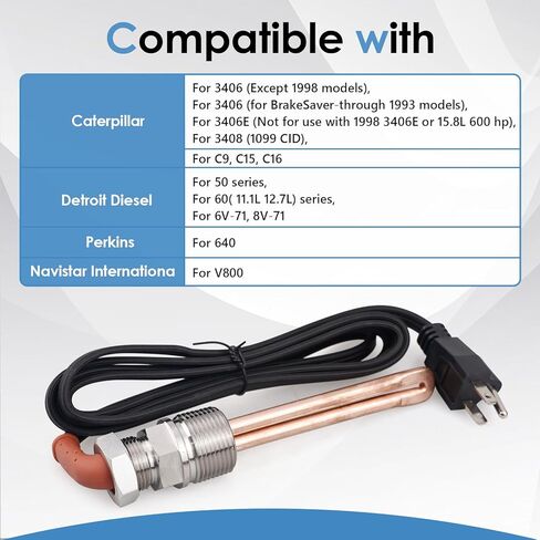 8605556 Engine Block Immersion Heater Compatible with Caterpillar 3406 3408 C9 C15 for Detroit Diesel 50 60 for Navistar for International V800 for Perkins 640, 120V 1500W w/Cordset Cord in Kuwait