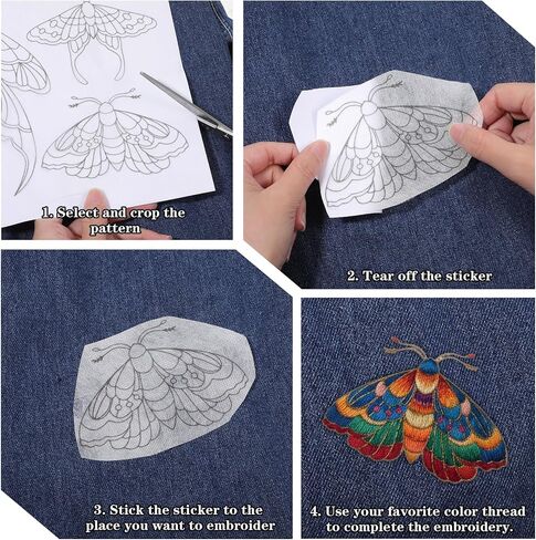 4 Sheets Stick and Stitch Embroidery Paper Patterns, Embroidery Stencils, Butterflies Stabilizer Water Soluble Hand Sewing, Embroidery Pattern for Hand Sewing Lover Beginners, Jean Bag T-Shirt (40Pcs) in Kuwait