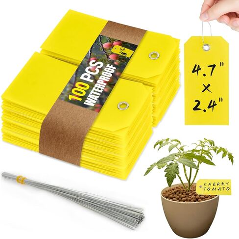 100pcs Plastic Tags with Wires - CARGEN Waterproof Shipping Tags with Wire Ties Blank Waterproof Tag for Outdoors Writeable Tag Palstic (4 3/4 x 2 3/8, Yellow) in Kuwait