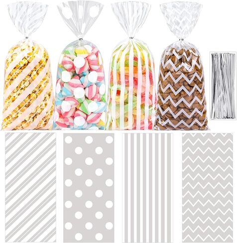 ZYLOP 50 Pack Rainbow Cellophane Treat Bags - 5.1 x 10.6 Inch Plastic Stripe & Polka Dot Goodie Bags with 60 Gold Ties, Vivid Colorful Gift Packing for Candy, Cookies, Party Favors & Small Prizes in Kuwait
